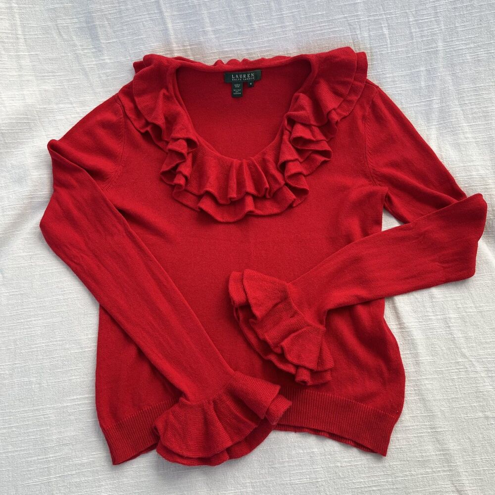 Lauren Ralph Lauren Silk Cashmere Ruffled Red V-Neck Sweater Womens